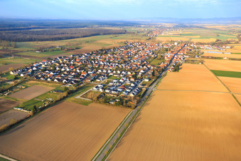 Oblique view of Village overview in winter on the B427 from the east in Minfeld in the state Rhineland-Palatinate, Germany