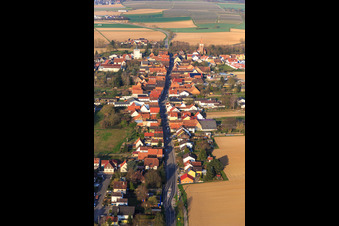 Aerial photograpy of Main street from the east in Minfeld in the state Rhineland-Palatinate, Germany
