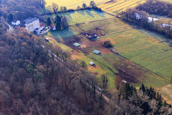 Aerial photograpy of Mobeler chicken coop of the organic chicken farm of Hofladen Stoltz at the Hardtmühle in Kandel in the state Rhineland-Palatinate, Germany