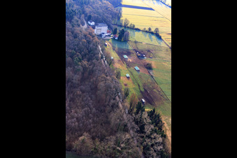 Mobeler chicken coop of the organic chicken farm of Hofladen Stoltz at the Hardtmühle in Kandel in the state Rhineland-Palatinate, Germany from above