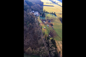 Mobeler chicken coop of the organic chicken farm of Hofladen Stoltz at the Hardtmühle in Kandel in the state Rhineland-Palatinate, Germany out of the air