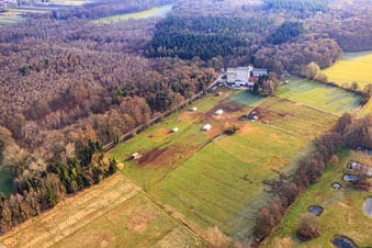 Mobeler chicken coop of the organic chicken farm of Hofladen Stoltz at the Hardtmühle in Kandel in the state Rhineland-Palatinate, Germany from the plane