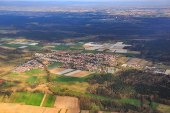 Overview of the town in winter from the south in Hanhofen in the state Rhineland-Palatinate, Germany