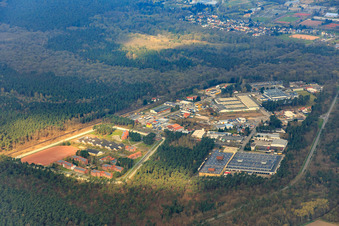 Aerial view of Industrial estate in the forest with A + P Logistic GmbH and youth detention center Schifferstadt in Schifferstadt in the state Rhineland-Palatinate, Germany