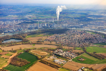 Overview of the town with the commercial area of In d. Kehl and Im Ried at the sand track race track of the Motorsport Club Altrip eV in Altrip in the state Rhineland-Palatinate, Germany