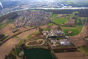 Aerial view of Overview of the town with the commercial area of In d. Kehl and Im Ried at the sand track race track of the Motorsport Club Altrip eV in Altrip in the state Rhineland-Palatinate, Germany