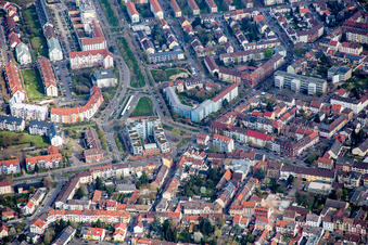 Ensemble space Rheingoldplatz on Tram-terminal Neckarau West in the district Neckarau in Mannheim in the state Baden-Wurttemberg, Germany