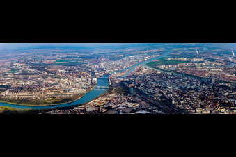 Panoramic perspective City view on the river bank of Rhine between Ludwigshafen and Mannheim in the state Baden-Wurttemberg, Germany
