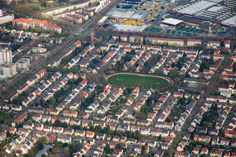 Sports grounds and football pitch in the district Almenhof in Mannheim in the state Baden-Wurttemberg, Germany