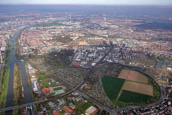 Aerial view of District Neckarstadt-Ost in Mannheim in the state Baden-Wuerttemberg, Germany