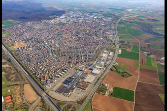 Aerial view of View of the streets and houses in the residential areas in Viernheim in the state Hesse, Germany
