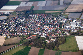 Aerial photograpy of Town View of the streets and houses of the residential areas in the district Huettenfeld in Lampertheim in the state Hesse, Germany