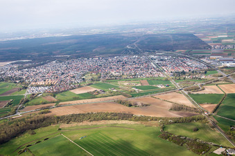 Aerial photograpy of Town View of the streets and houses of the residential areas in Lorsch in the state Hesse
