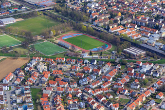 Sports fields of FC 07 eV Bensheim and AKG sports hall Weiherhaus "Alte AKG Halle in the district Auerbach in Bensheim in the state Hesse, Germany