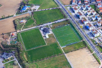Aerial view of Sports park of SSG Bensheim Hockey and FC Italia Bensheim eV in Bensheim in the state Hesse, Germany