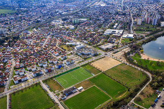 Aerial view of Berliner Ring with Office Center Bensheim and sports field of SSG Bensheim Hockey at the bathing lake Bensheim | GGEW AG in Bensheim in the state Hesse, Germany