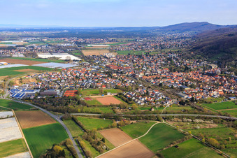City overview with railway line at the foot of the Melibokus from the south in Zwingenberg in the state Hesse, Germany