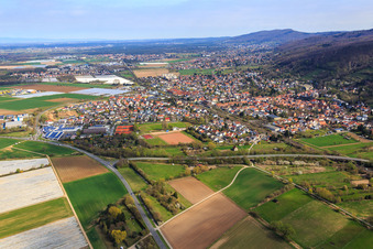 Aerial view of City overview with railway line at the foot of the Melibokus from the south in Zwingenberg in the state Hesse, Germany