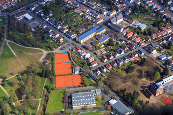 Aerial view of Sports fields of the Blau-Gelb eV sports club and Schloßgartenhalle Dieburg in Dieburg in the state Hesse, Germany