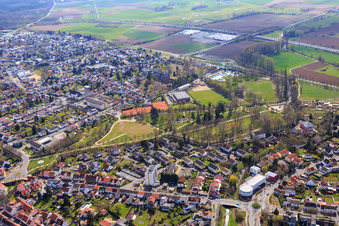 Castle garden square and sports fields of the Blau-Gelb eV sports club and Castle garden hall Dieburg in Dieburg in the state Hesse, Germany