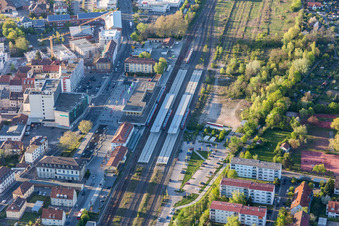 Track progress and building of the main station of the railway in Landau in der Pfalz in the state Rhineland-Palatinate, Germany