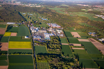 Bruchwiesenstraße industrial area with Hornbach hardware store in front of the golf club in Bornheim in the state Rhineland-Palatinate, Germany