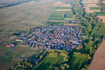Aerial view of Village - view on the edge of agricultural fields and farmland in Venningen in the state Rhineland-Palatinate, Germany