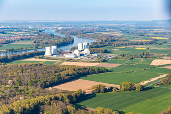 Aerial view of Building remains of the reactor units and facilities of the NPP nuclear power plant in Biblis in the state Hesse