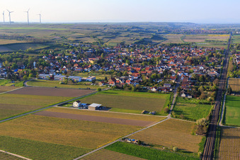 Village view along the railway line from the south in Alsheim in the state Rhineland-Palatinate, Germany