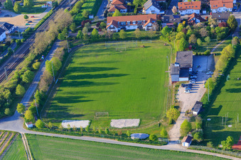 Aerial view of Sports fields with sports center Alsheim in Alsheim in the state Rhineland-Palatinate, Germany