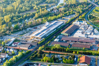Aerial view of Building and production halls on the premises of Spannbetonwerke Finger Stockstadt GmbH & Co. KG in Stockstadt am Rhein in the state Hesse, Germany