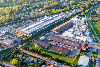 Oblique view of Building and production halls on the premises of Spannbetonwerke Finger Stockstadt GmbH & Co. KG in Stockstadt am Rhein in the state Hesse, Germany
