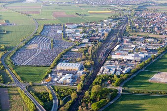 Aerial view of Vehicle trade space of specialist dealer ARS Altmann AG Automobillogistik - Niederlassung Riedstadt in Riedstadt in the state Hesse, Germany