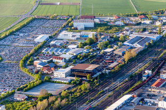 Aerial view of Parking and storage space for automobiles of ARS Altmann AG Automobillogistik - Branch Riedstadt in the district Goddelau in Riedstadt in the state Hesse, Germany