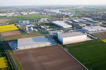 Aerial view of Industrial and commercial area NO with Grieshaber Logistic Group AG in Biebesheim am Rhein in the state Hesse, Germany