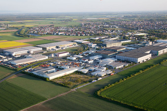 Industrial and commercial area NO with Grieshaber Logistic Group AG in Biebesheim am Rhein in the state Hesse, Germany seen from above