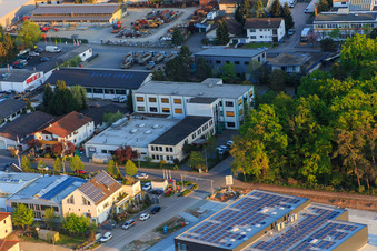 Sandwiesen industrial area with Laetus in the district Sandwiese in Alsbach-Hähnlein in the state Hesse, Germany seen from a drone