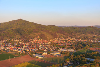 Aerial view of View of the town at the foot of the Melibokus in Zwingenberg in the state Hesse, Germany