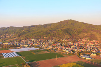 Aerial photograpy of View of the town at the foot of the Melibokus in Zwingenberg in the state Hesse, Germany
