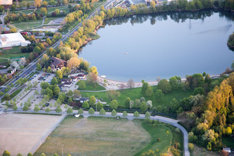Aerial view of Sandy beach areas on the Badesee Bensheim in Bensheim in the state Hesse