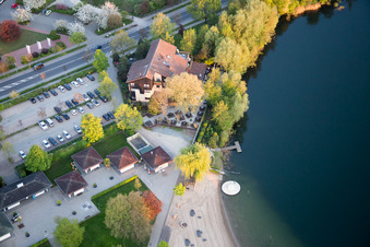 Aerial photograpy of Sandy beach areas on the Badesee Bensheim in Bensheim in the state Hesse