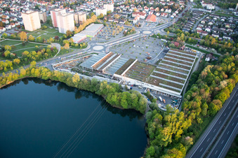 Oblique view of Sandy beach areas on the Badesee Bensheim in Bensheim in the state Hesse