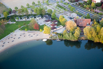 Sandy beach areas on the Badesee Bensheim in Bensheim in the state Hesse from above