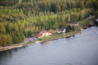 Aerial view of Old customs house on the Auer Altrhein in Au am Rhein in the state Baden-Wuerttemberg, Germany