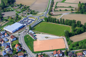 Aerial view of SV Hagenbach sports fields in Hagenbach in the state Rhineland-Palatinate, Germany