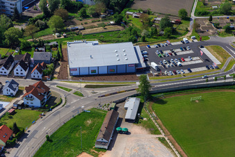 Oblique view of REWE in Hagenbach in the state Rhineland-Palatinate, Germany