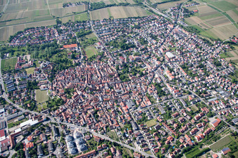 Aerial view of Town View of the streets and houses of the residential areas in Freinsheim in the state Rhineland-Palatinate, Germany