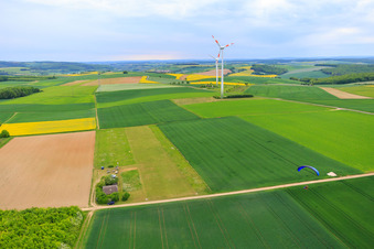 Aerial view of UL airfield Schraudenbach at the Arnstein wind farm in the district Schraudenbach in Werneck in the state Bavaria, Germany
