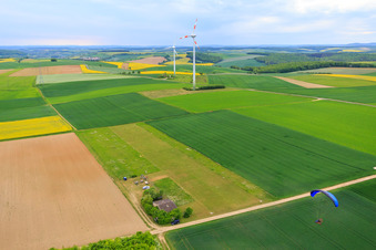 Oblique view of UL airfield Schraudenbach at the Arnstein wind farm in the district Schraudenbach in Werneck in the state Bavaria, Germany