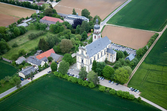 Aerial photograpy of Ferry bridge, pilgrimage church in Hausen bei Würzburg in the state Bavaria, Germany